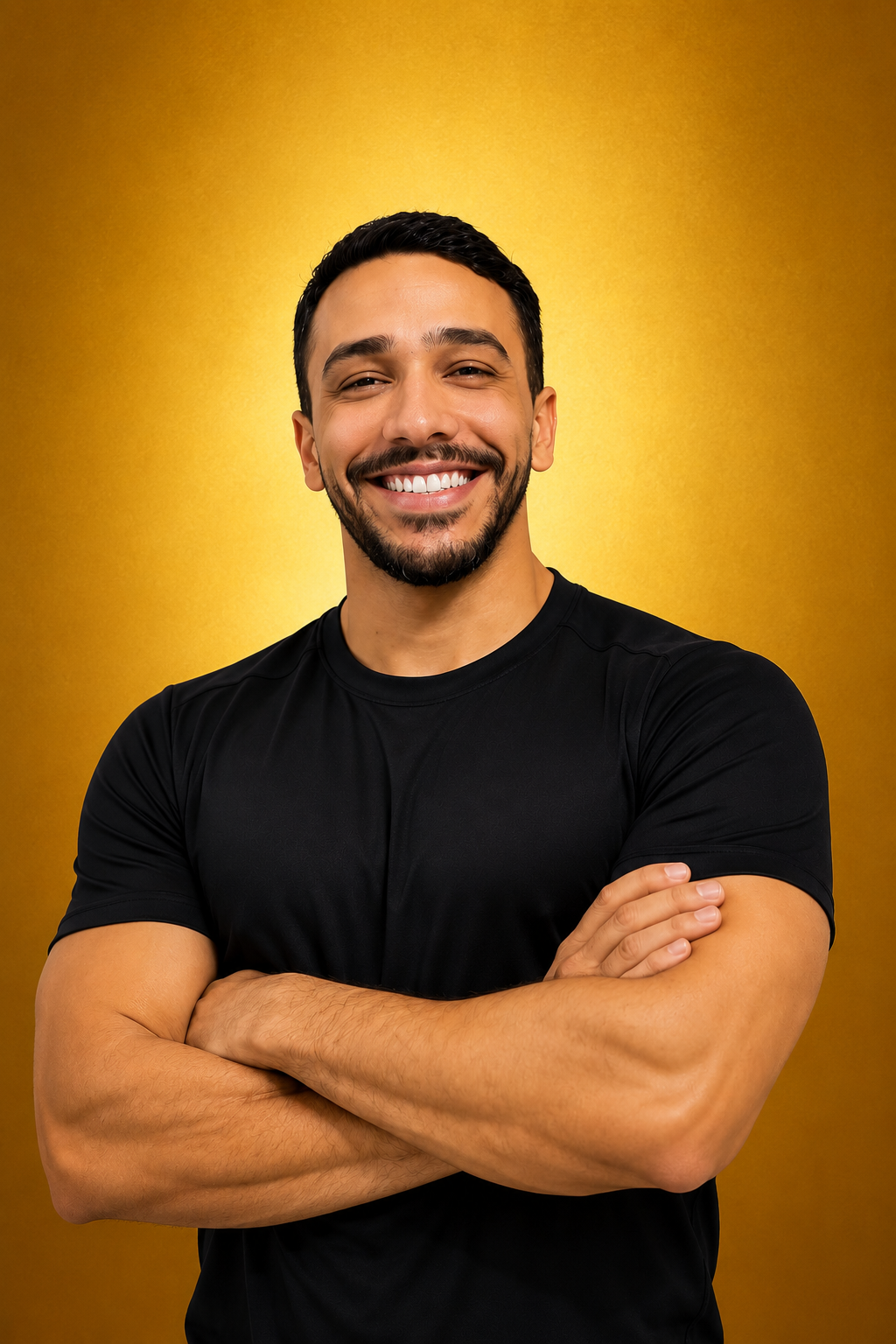 Treinador Marcos sorrindo com camisa preta